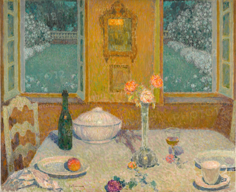 The Table overlooking the flower garden at dusk, 1930. Creator: Henri Eugene Le Sidaner.