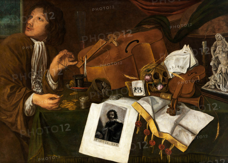 Vanitas still life with musical instruments, portrait copper engraving "Petrus de... 17th century. Creator: Jacques de Claeuw.