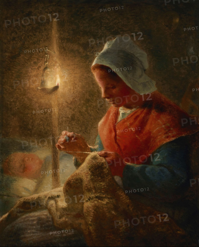 Femme coud à la lumière de la lampe (Woman Sewing by Lamplight), c1870-1872. Creator: Jean Francois Millet.