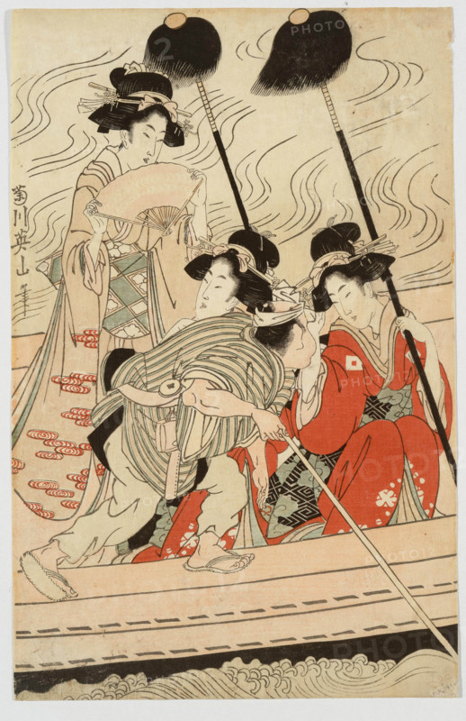 Party of geisha and courtesans with young attendants (kamuro) in a ferry boat. A sheet of... 1810s. Creator: Kikukawa Eizan.