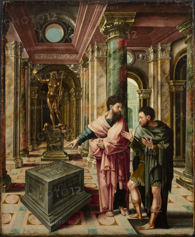 Saints Paul and Saint Dionysius the Areopagite before the altar of an unknown god in... c1533. Creator: Lambert Lombard.