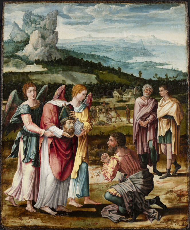 Saint Dionysius as a Cephalophore (head-carrier). Altarpiece of the church of Saint-Denis... c1533. Creator: Lambert Lombard.