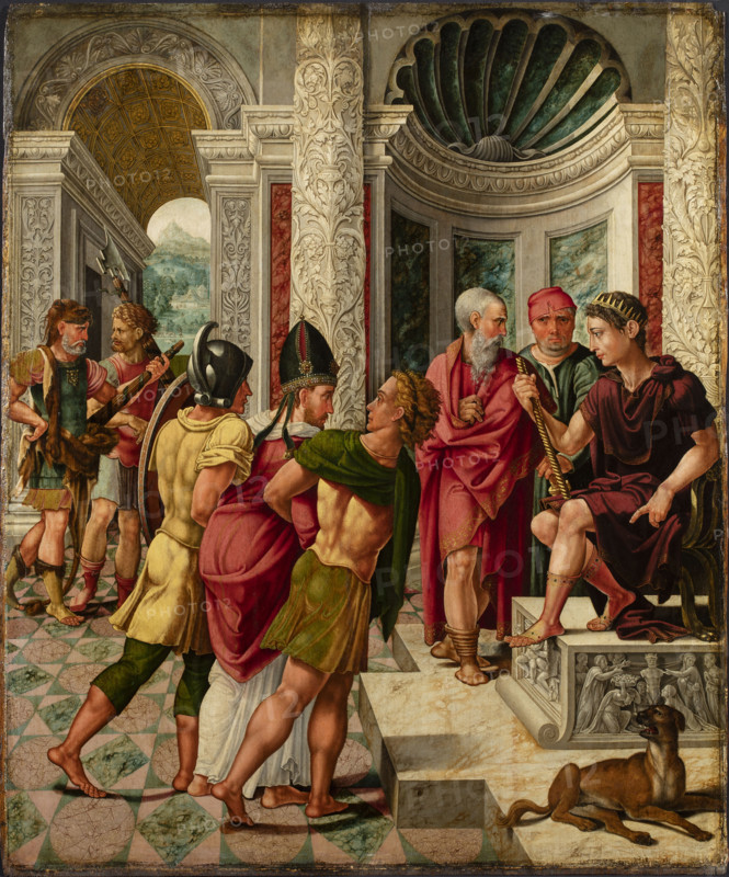 Saint Dionysius brought to the prefect Fescennius. Altarpiece of the church of... c1533. Creator: Lambert Lombard.
