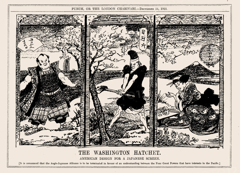 The Washington Hatchet. American design for a Japanese screen, Punch, December 11, 1921 Creator: Leonard Raven-Hill.