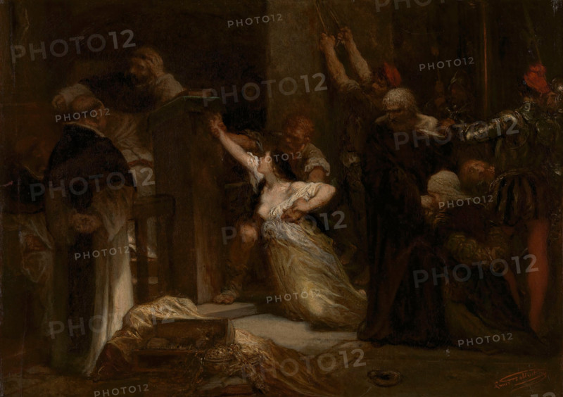 A Jewish family accused of healing religious objects and tortured by the Holy Inquisition. Creator: Louis Gallait.