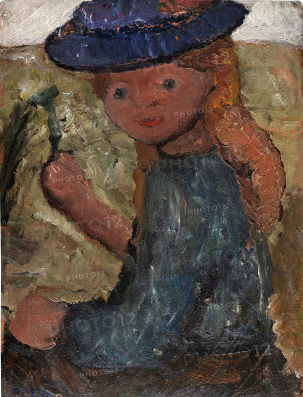 Seated girl with blue hat and flower in her right hand, c1903. Creator: Paula Modersohn-Becker.