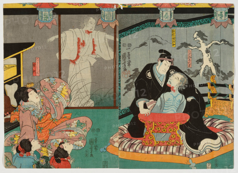 Scene from the play "Higashiyama sakura soshi" at the Nakamura Theater, 1851. Creator: Utagawa Kuniyoshi.