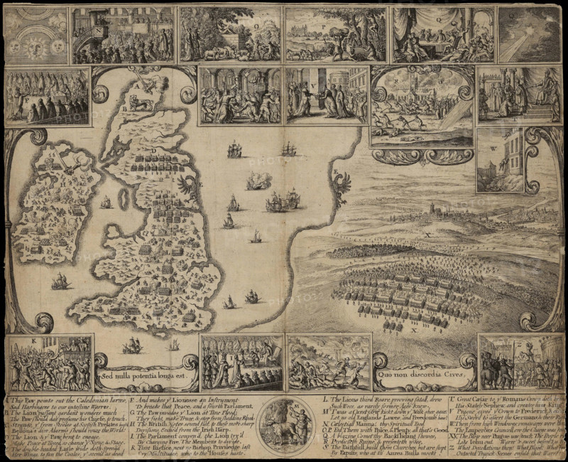 Map of England and view of Prague with scenes of the beginning of the Civil War, c1659. Creator: Wenceslaus Hollar.