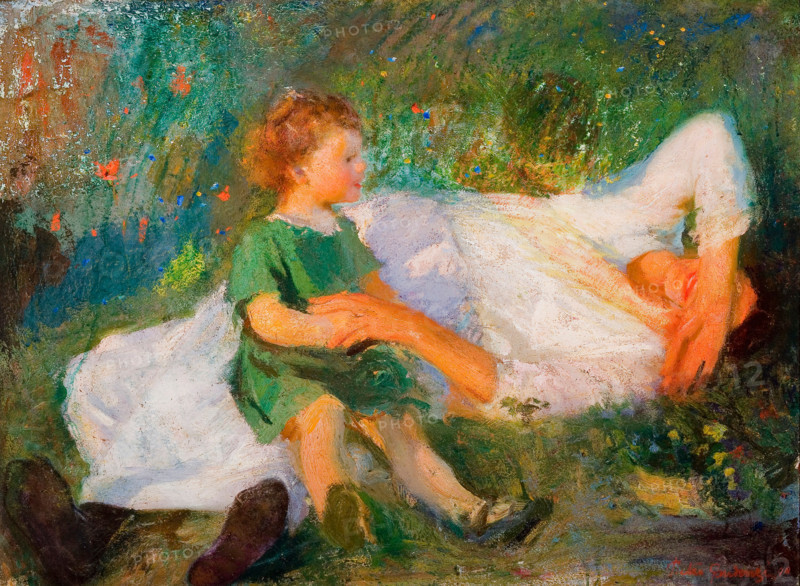 The painter's wife and son in the meadow, 1918. Creator: Gaudenzi, Pietro (1880-1955).