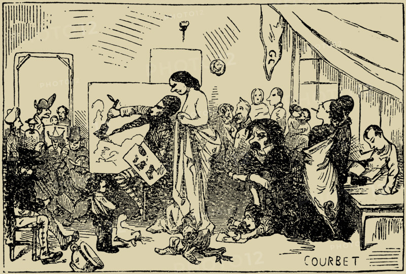 Caricature on Courbet's "The Artist's Studio", 1855. Creator: Quillenbois (Charles Marie de Sarcus) (1821-1867).