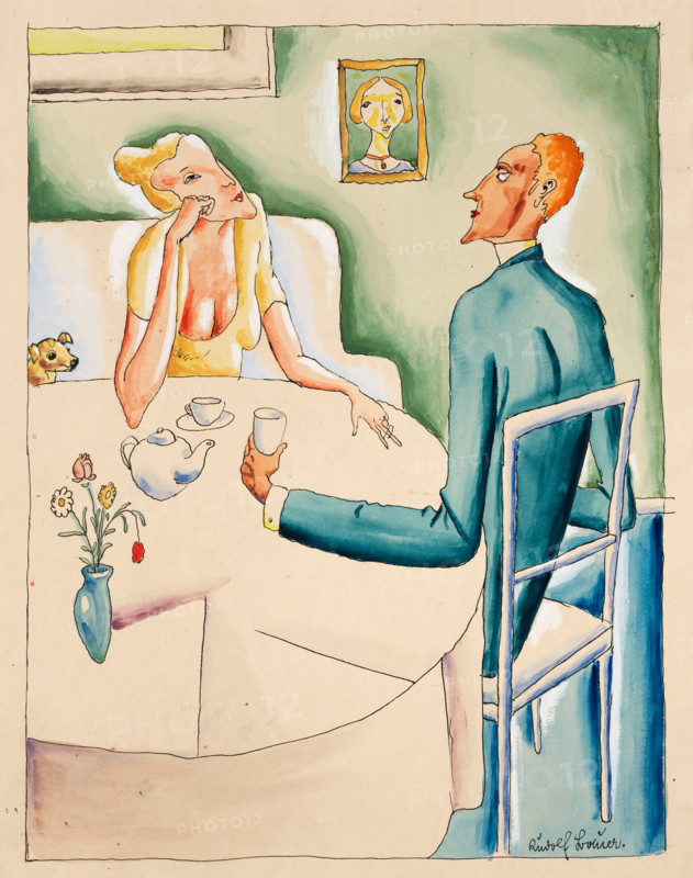 Couple drinking tea, before 1920. Creator: Bauer, Rudolf (1889-1953).