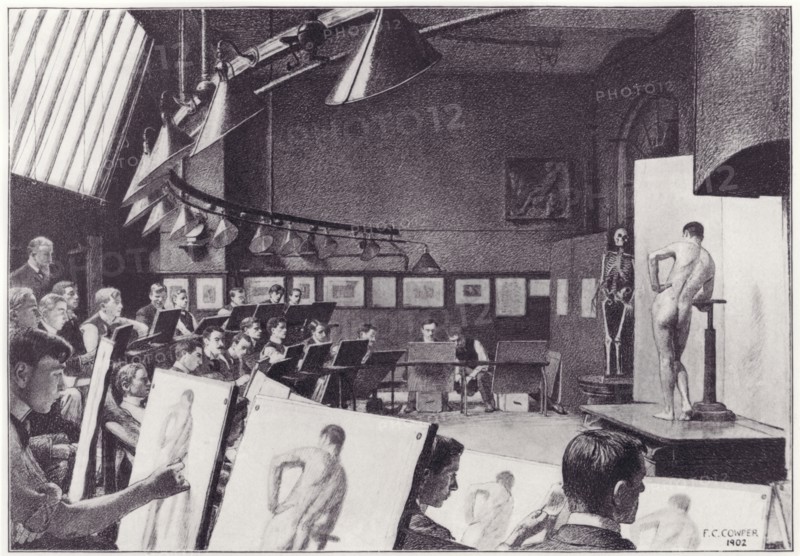 'Present-day life class of the Royal Academy', 1902. Creator: Frank Cadogan Cowper.