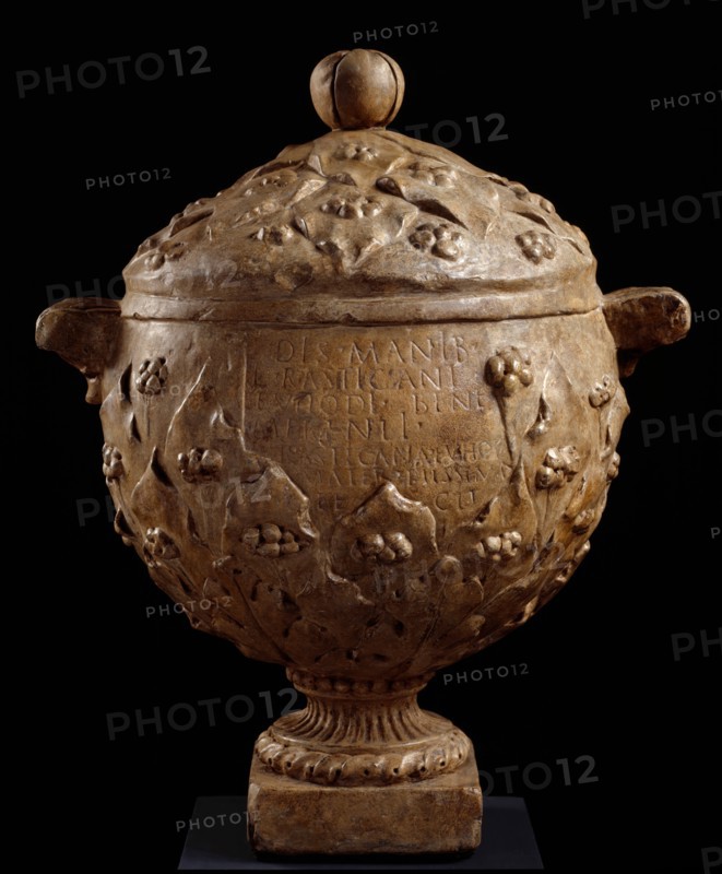 Cast of cinerary urn inscribed for  L. Rasticanus Eu.odes? by mother Rasticana, (19th century?). Creator: Unknown.