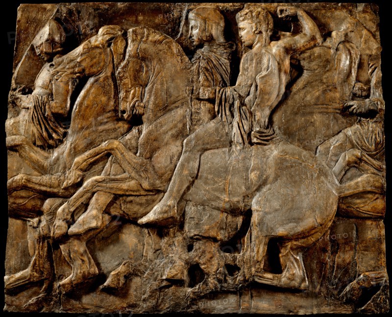Cast of slab of riders from North frieze of Parthenon (figures 118-121, Slab XLIII..., 19th century. Creator: Unknown.