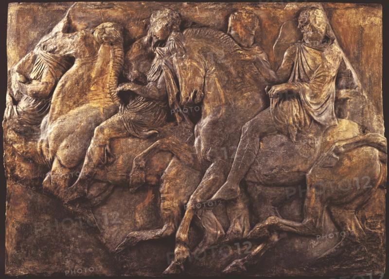 Cast of slab of riders from North frieze of Parthenon (figures 128-131, Slab XLVI..., 19th century. Creator: Unknown.
