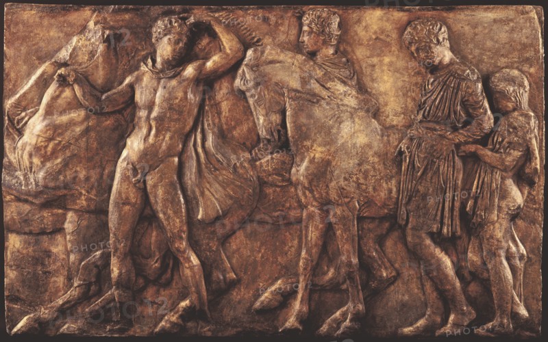 Cast of westernmost slab of riders from North frieze of Parthenon (figures 132-136..., 19th century. Creator: Unknown.