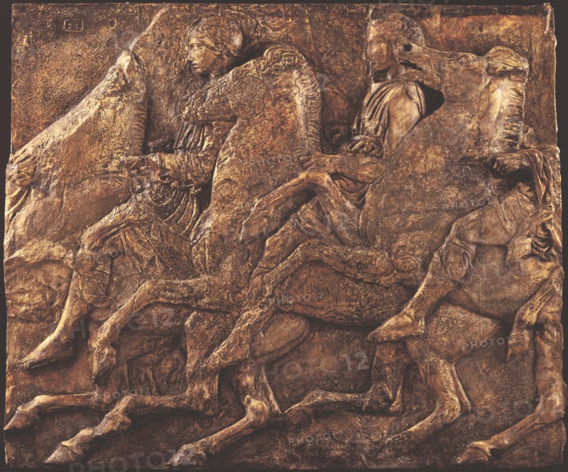 Cast of slab of riders from North frieze of Parthenon (figures 110-111, Slab XL..., 19th century. Creator: Unknown.