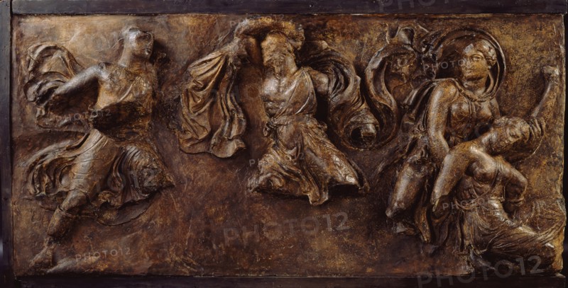 Amazon fighting with a Greek and wounded Amazon supported by companion, 1819. Creator: Unknown.