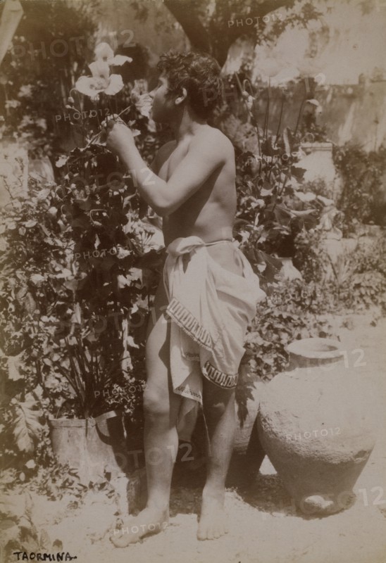 Youth dressed in ancient Greek or Roman costume,  Taormina, Sicily, c1890s. Creator: Count Wilhelm von Gloeden.