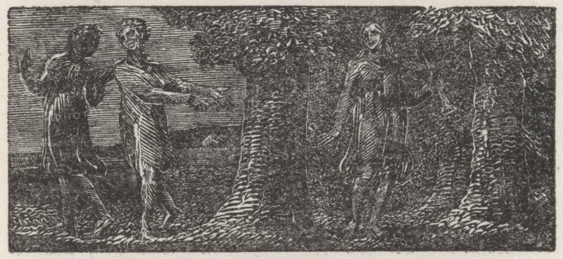 Colinet with his Shepherd's Pipe, Mocked by Two Boys, 1821.  Creator: William Blake.