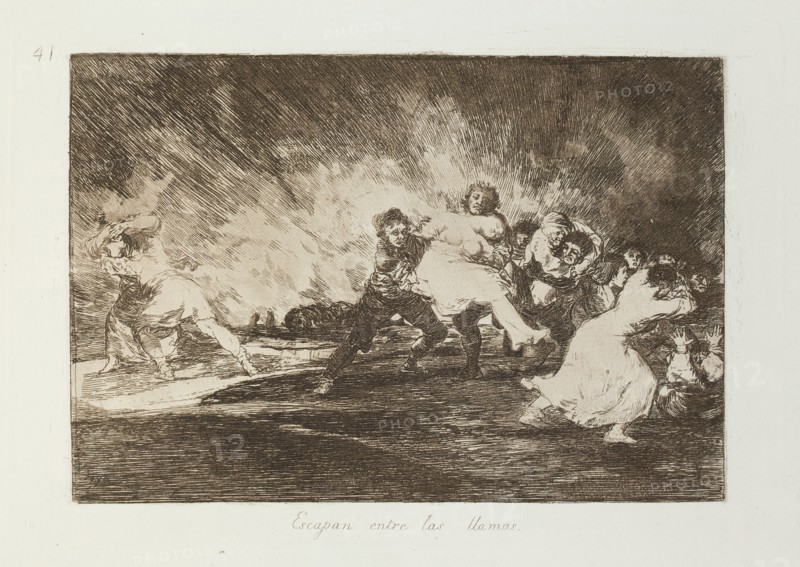 Escapan entre las llamas.; Los Desastres de la Guerra, Madrid 1863. Creator: Francisco Goya.