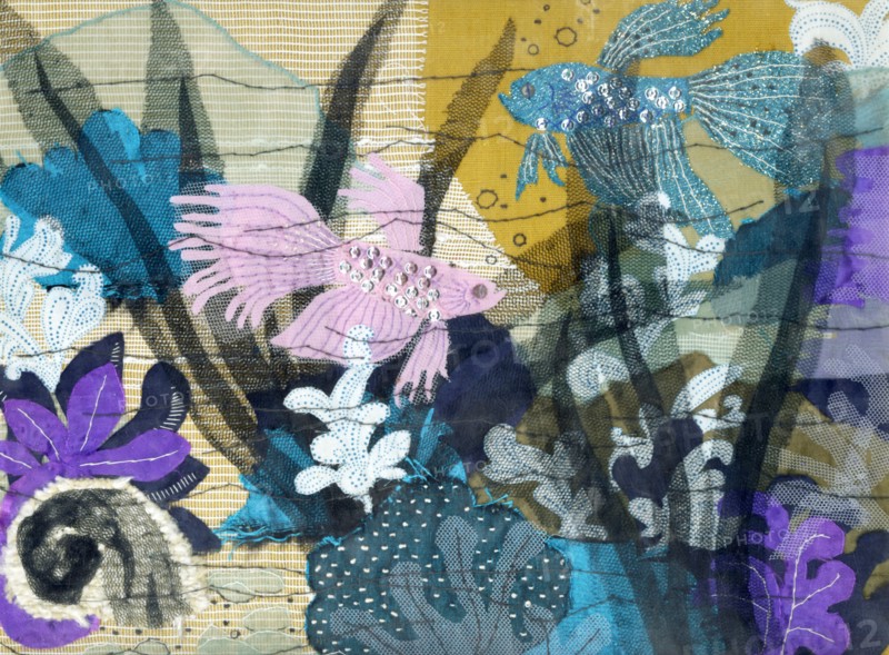 Siamese fighting fish, fabric collage, 1970s. Creator: Shirley Markham.