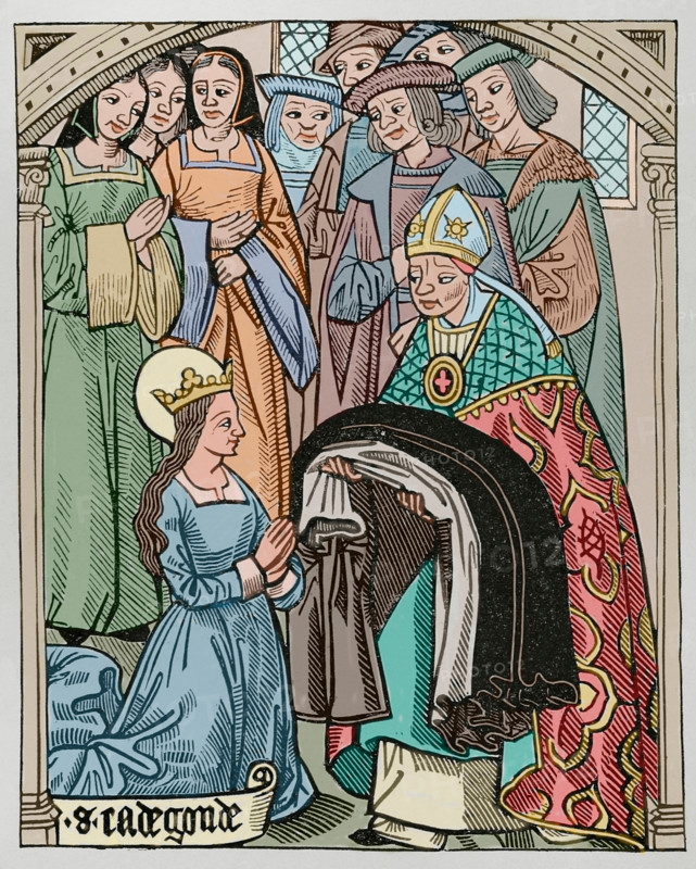 Radegund receiving the habit and being consecrated a deaconess by Medard (456-545)…1513 (1877). Creator: Unknown.