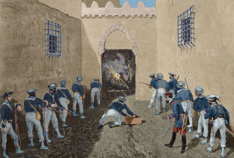 Assault and blasting of the kasbah gate by the French army of the battleship...Tunisia, 1881.  Creator: Tomás Carlos Capuz.