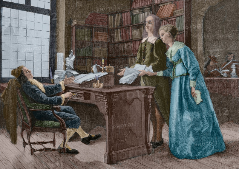 Milton selling the manuscript of his poem "Paradise Lost" to a publisher. 1667 (1881). Creator: Unknown.