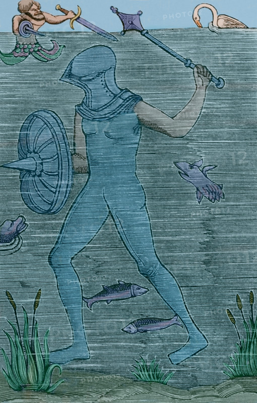 Man-at-arms - diver using an armoured sealed diving suit to breathe, 1532, (1877).  Creator: Unknown.