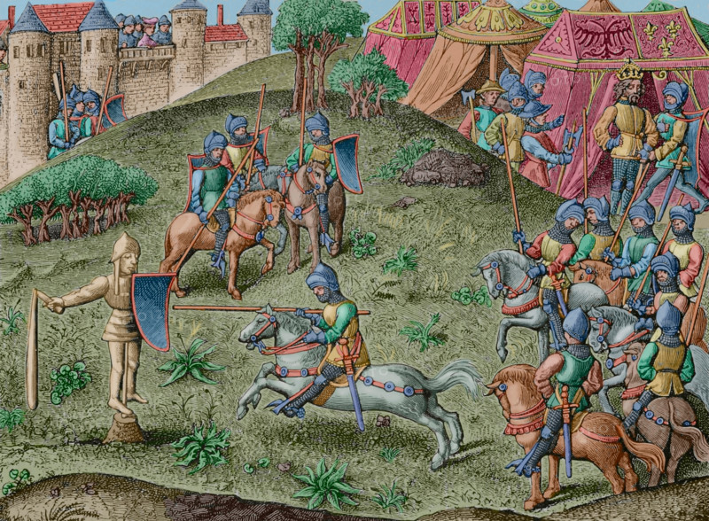 Exercise of quintain, mid 15th century, (1877).  Creators: Unknown, Jules Jean Marie Joseph Huyot.