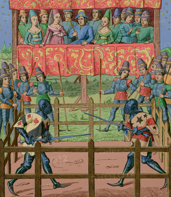 Duel between two knights using handled swords, Middle ages, 15th century (1877).  Creator: Unknown.