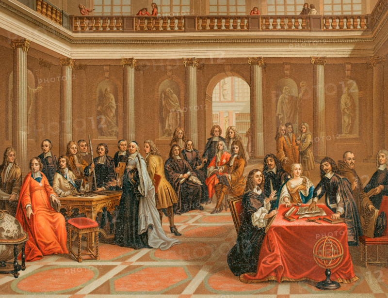 René Descartes, (1596-1650) conducting a demonstration to court of Queen Christina of Sweden, 1882. Creator: Nordmann.