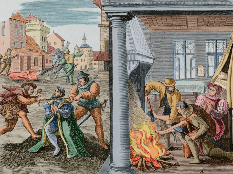 French Wars of Religion: violence by French Huguenots against Catholics, 1587 (1877).  Creator: Unknown.