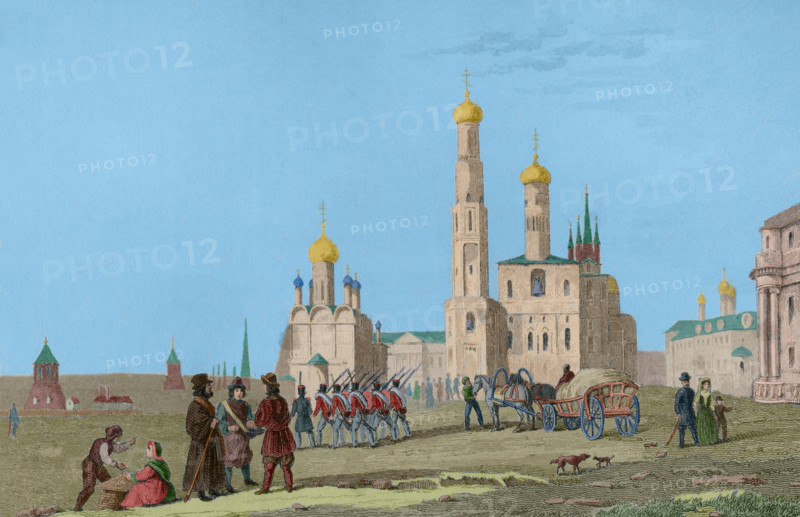 Kremlin complex, Cathedral Square, Moscow, Russia, 1839. View of the Ivan the Great Bell Tower.  Creator: Augustin François Lemaitre.