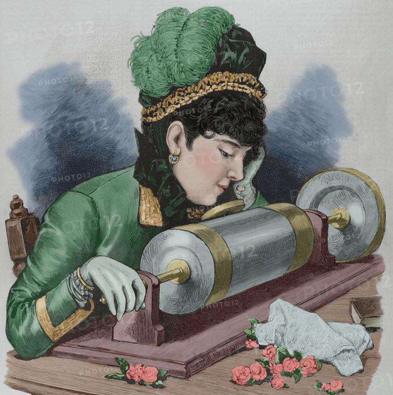 A "prima donna" singing by using Edison's phonograph receiver, New York, United States, 1878.   Creator: Unknown.