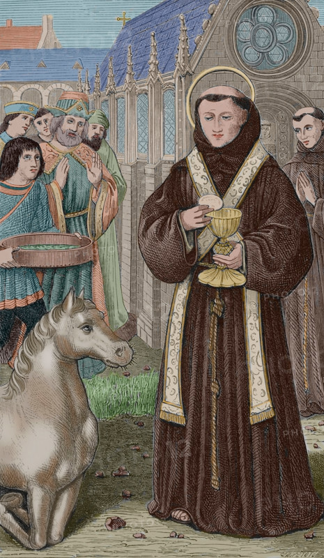 St Anthony of Padua, (1195-1231) wishing to demonstrate to a heretic who asked him for a...(1877).  Creator: Unknown.
