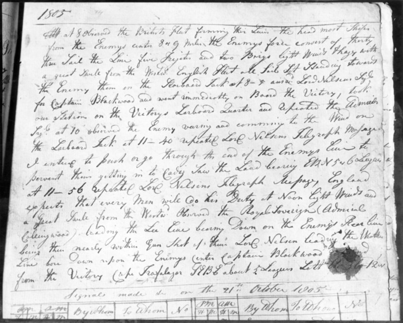 Page from the HMS Victory logbook, Battle of Trafalgar, 21 October 1805, (c1955).  Creator: Arthur Charles Kirby Ware.