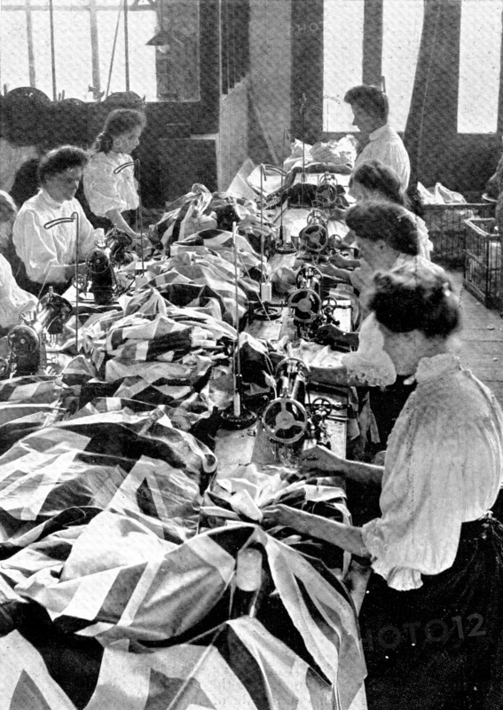 Decorations for the King's visit: making union jacks, 1909. Creator: Unknown.