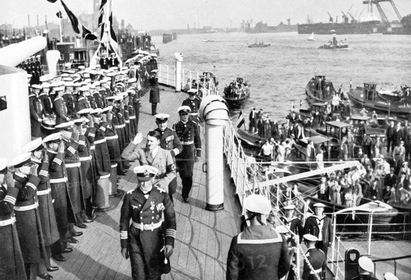 Hitler reviews the troops on the ship "Schleswig-Holstein" in Hamburg
