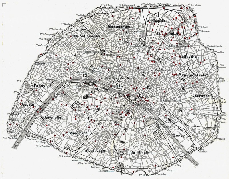 Les bombardements aériens de l'artillerie allemande sur Paris Carte représentant les impacts des bombardements sur Paris par les canons allemands à longue portée, les "Berthas" fabriqués par les usines Krupp, du 23 mars au 09 août 1918.
