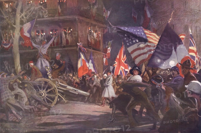 Scènes de joie à Paris le jour de l'armistice du 11 novembre 1918