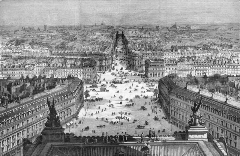 Travaux du baron Haussmann à Paris. Le percement en 1869, de la butte des Moulins avec l'ouverture de l'avenue Napoléon (Opéra) perpendiculaire à la façade du nouvel Opéra (Opéra Garnier) et aboutissant au théâtre Français (comédie française).