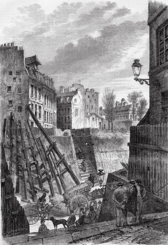 Les travaux du baron Haussmann   à Paris. Percement en 1869, de voies nouvelles à Paris : vue de la rue Rollin à sa rencontre avec la rue Monge.