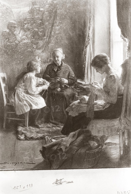Premiere Guerre Mondiale. 
L'effort de guerre pour les soldats partis se battre sur le front, novembre 1914.
Dessin de José Simont Guillèn