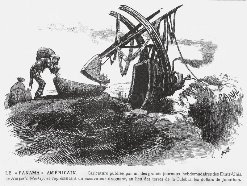 Caricature sur le percement du canal de Panama publiée par un grand journal journal américain, le "Harper's Weekly" et le représentant par un excavateur draguant, au lieu des terres de la Culebra, les dollars de Jonathan.