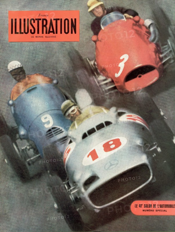 Couverture du numéro spécial de France-Illustration pour le 41ème Salon de l'Automobile de 1954, représentant, lors d'un entraînement sur le circuit de Nürbugring (Allemagne), trois Formule 1, la Mercedes (n°18) conduite par Juan Manuel Fangio, la Gordini (n°9) du Français Jean Behra et  la Ferrari (n°3) de Mike Hawthorn.