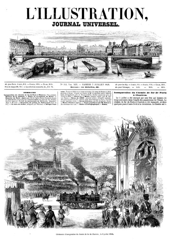 Couverture de L'Illustration du 7 juillet 1849 (n° 332) reproduisant la cérémonie d'inauguration du chemin de fer de Chartres, le 5 juillet 1849.  La bénédiction du chemin de fer fut suivie d'un Te Deum dans la cathédrale.