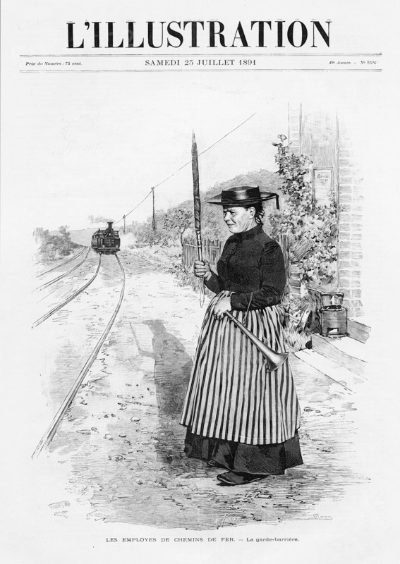 Couverture de L'Illustration du 27 juillet 1891.  Les employés des chemins de fer, la garde-barrière, 1891.  Dessin et photographies non signés d'Ernest Clair-Guyot, montage d'un lavis d'encre gouaché et de deux photographies retouchées (locomotive et garde-barrière) paru dans L'Illustration du 25 juillet 1891.  Il s'agit de la première photographie retouchée appliquée et gravée directement sur le bois.  Coiffée d'un chapeau de toile cirée, la garde-barrière tient une trompe d'avertissement ainsi qu'un drapeau rouge.