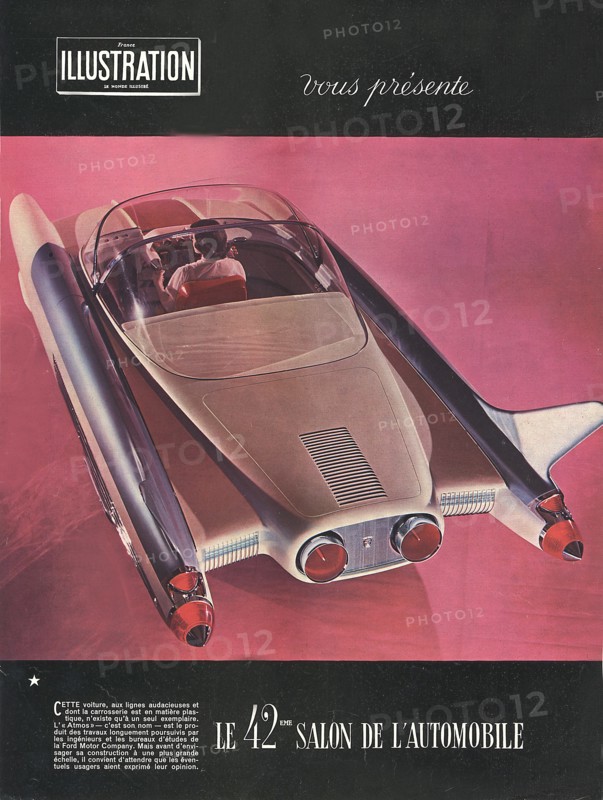 Couverture du numéro spécial du magazine France Illustration (octobre 1955), consacré au 42e Salon de l'Automobile.  En illustration, prototype du modèle Ford du futur exposé cette année-là par le construteur américain.  "Cette voiture, aux lignes audacieuses et dont la carrosserie est en matière plastique, n'existe qu'à un seul exemplaire. L'"Atmos" - c'est son nom - est le produit des travaux poursuivis par les ingénieurs et les bureaux d'études de la Ford Motor Company. Mais avant d'envisager sa construction à une plus grande échelle, il convient d'attendre que les éventuels usagers aient exprimé leur opinion." France-Illustration d'octobre 1955.
